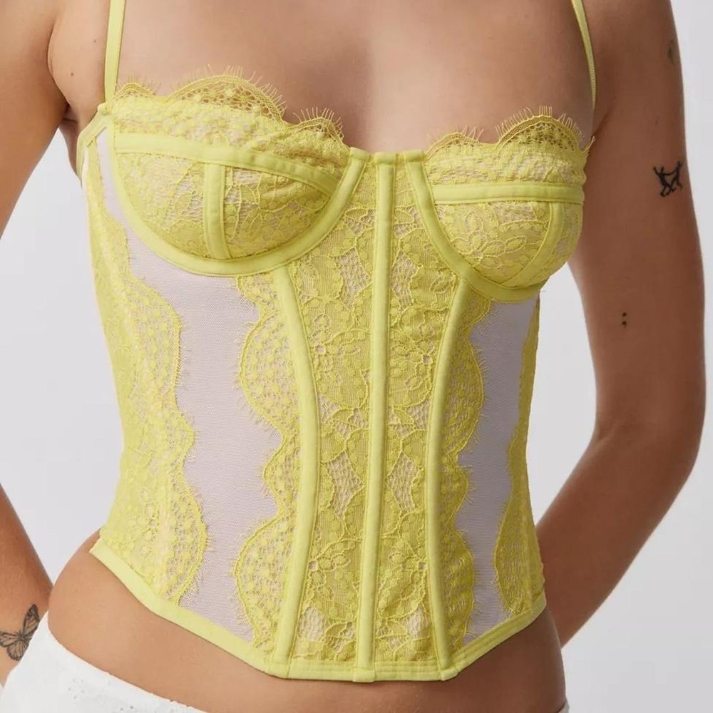 Out From Under Modern Love Corset Lemon Yellow Lace Mesh Bustier Top Medium